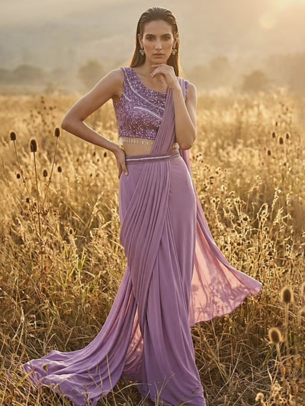 Basanti Kapde Aur Koffee Embroidered Draped Saree Set